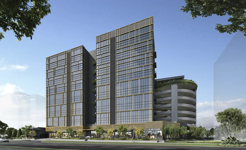 CT GOLD @ MACPHERSON, a 63-unit freehold new launch in District 13, Singapore — daytime render of the twin glass towers with gold-toned window mullions, ground-floor retail frontage, and the curved planted carpark structure alongside.