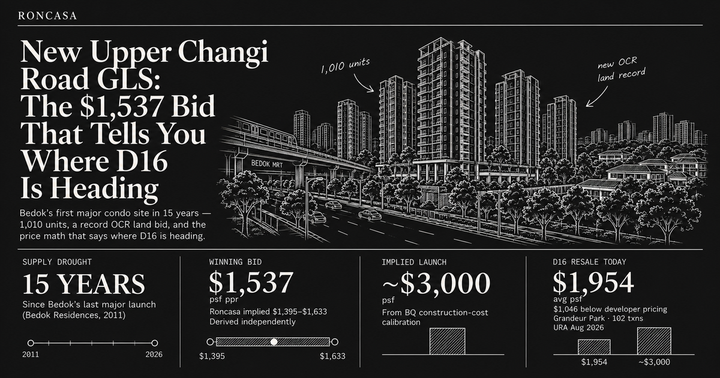 New Upper Changi Road GLS 2026 — $1,537 psf ppr record OCR bid, 1,010-unit Bedok D16 condo site analysis by Roncasa