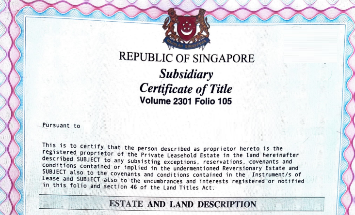 Subsidiary Certificate of Title (SCT) Singapore Flat HDB Resale Purchase BTO