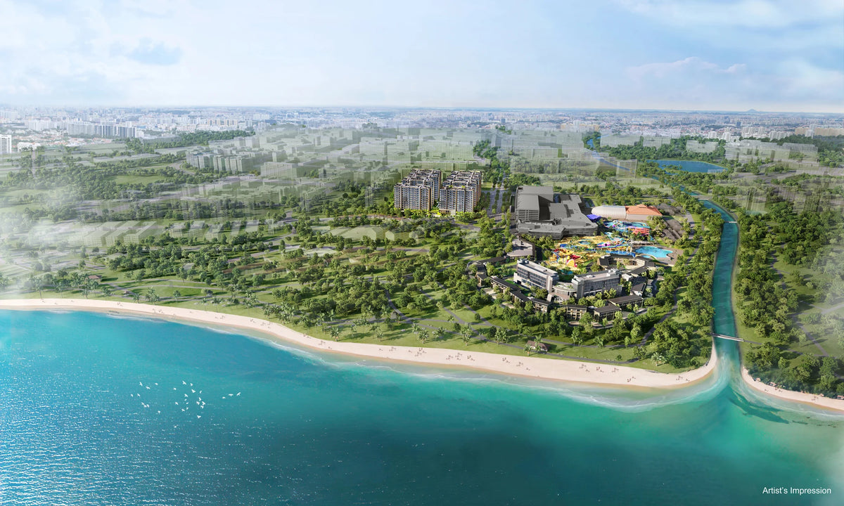 Coastal Cabana, a 748-unit 99-year leasehold new launch in District 17, Singapore — aerial render of the coastal development set among greenery beside the beach and sea.