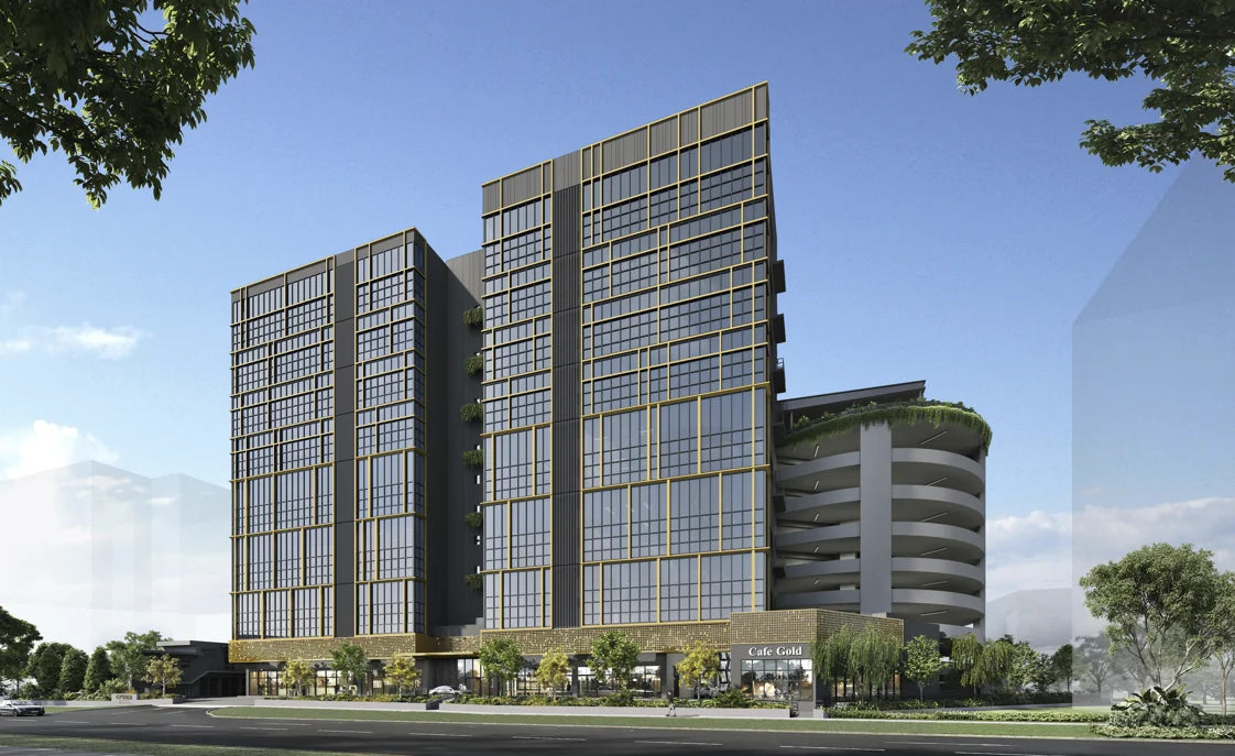 CT GOLD @ MACPHERSON, a 63-unit freehold new launch in District 13, Singapore — daytime render of the twin glass towers with gold-toned window mullions, ground-floor retail frontage, and the curved planted carpark structure alongside.