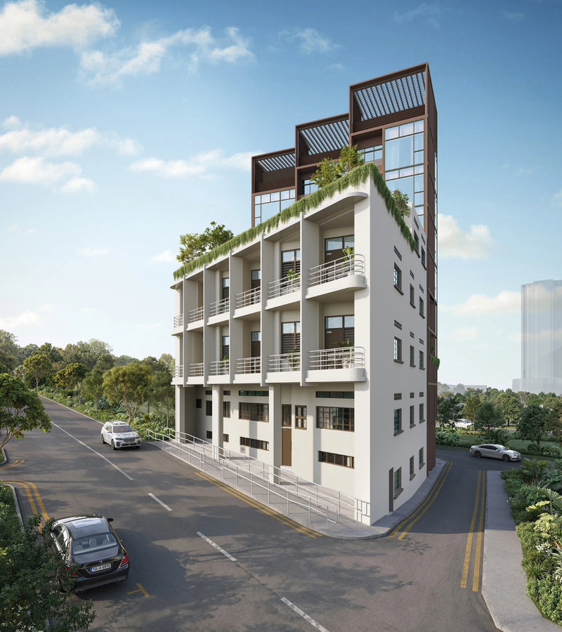 Duet @ Emily, a 20-unit freehold new launch in District 9, Singapore — daytime exterior render of the boutique building at street level with balconies and greenery.