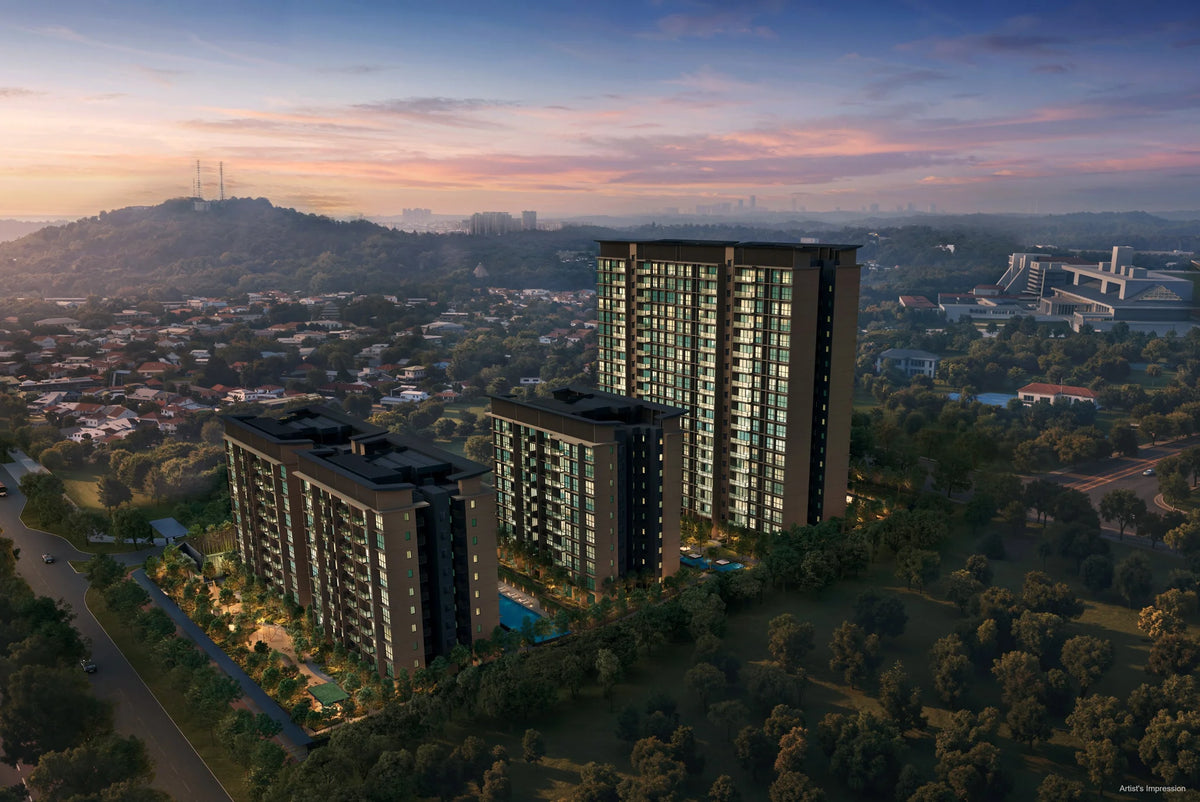 Dunearn House, a 380-unit 99-year leasehold new launch in District 11, Singapore — twilight aerial render of the towers with pool deck and city skyline in the background.