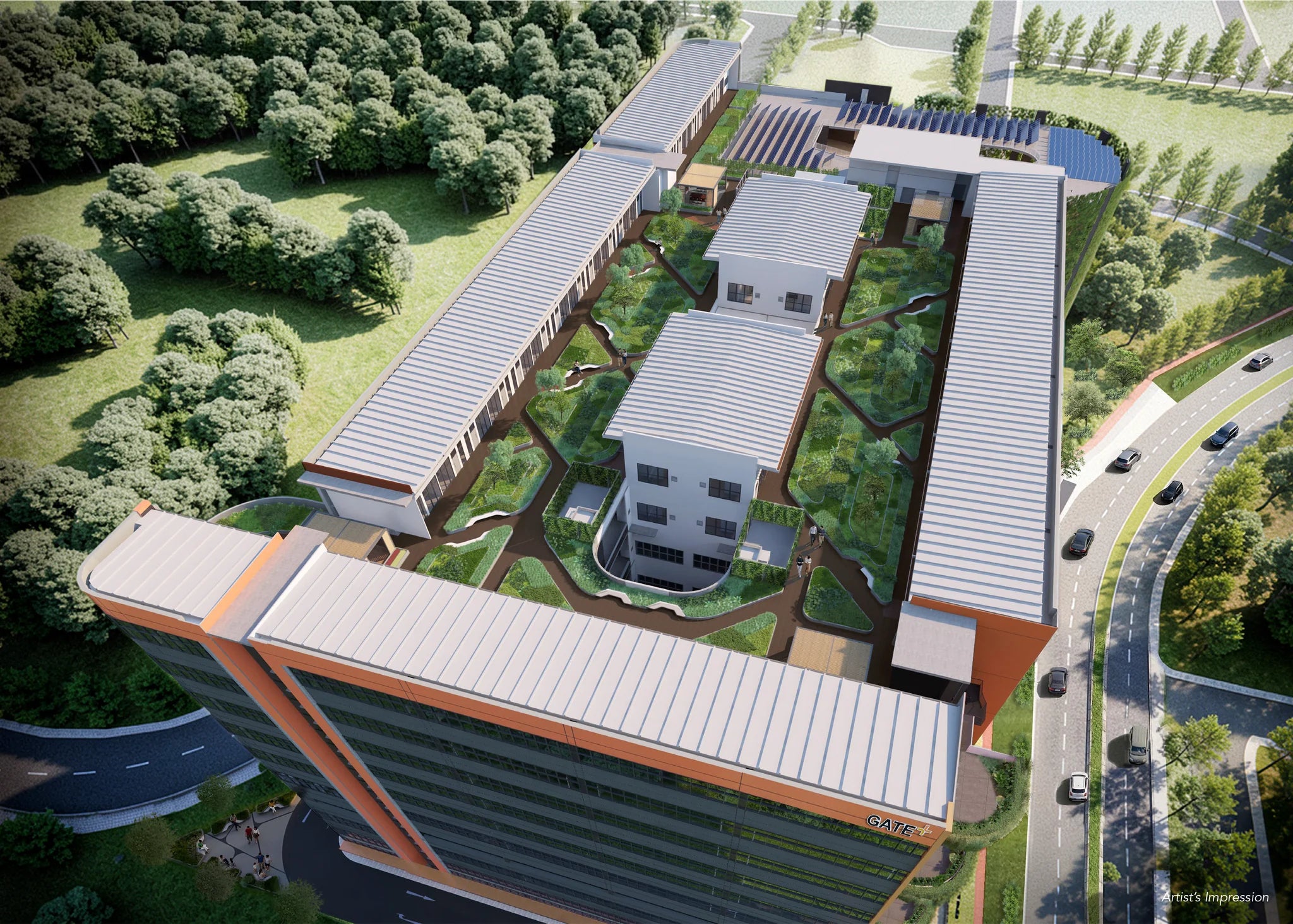 GATE+, a 268-unit new launch in District 22, Singapore — aerial render of the rooftop, showing sawtooth-roofed pavilions set within a landscaped garden deck above the tower.