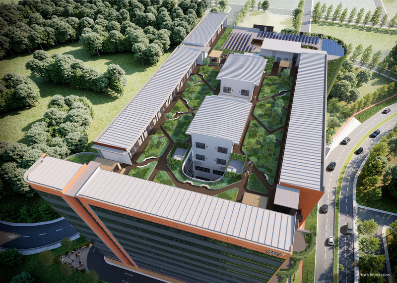 GATE+, a 268-unit new launch in District 22, Singapore — aerial render of the rooftop, showing sawtooth-roofed pavilions set within a landscaped garden deck above the tower.