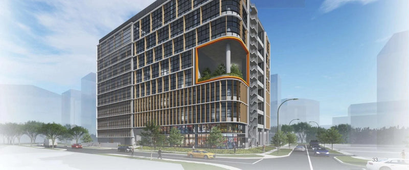 Harrison Food Building, a 42-unit freehold new launch in District 13, Singapore — elevation detail render of the gold-and-timber-fluted facade with a curved planted balcony insert.