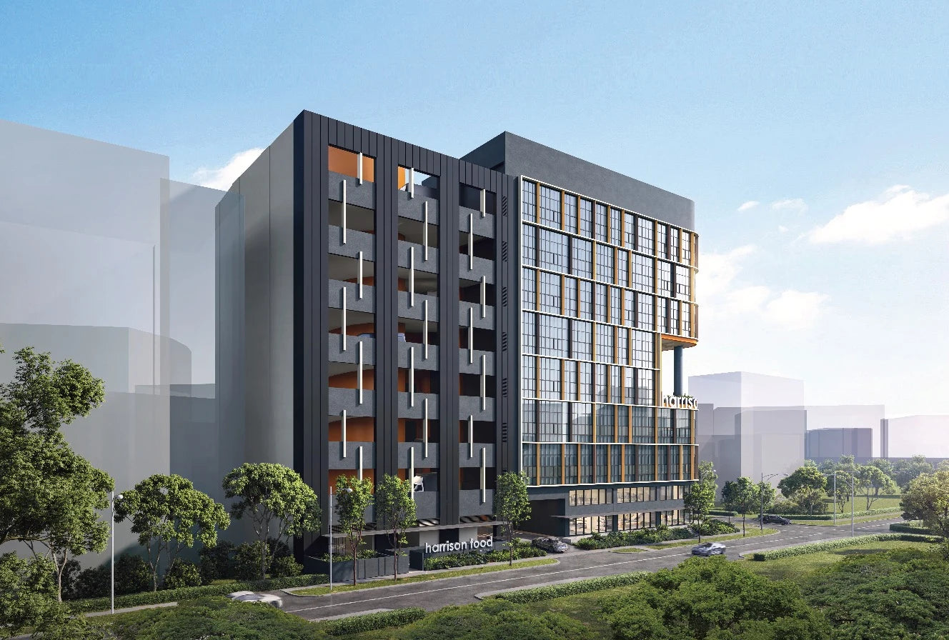 Harrison Food Building, a 42-unit freehold new launch in District 13, Singapore — daytime render of the dark-and-orange facade tower with ground-floor "harrison food" signage, street trees, and landscaping in front.