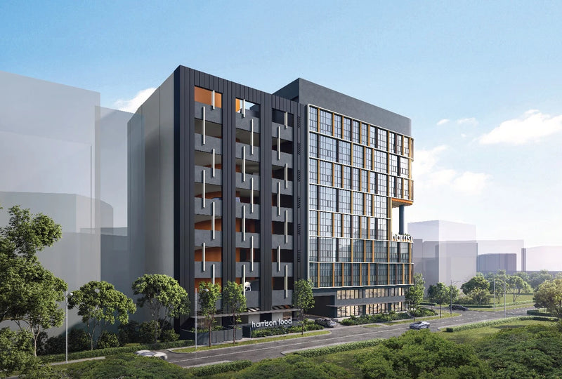 Harrison Food Building, a 42-unit freehold new launch in District 13, Singapore — daytime render of the dark-and-orange facade tower with ground-floor "harrison food" signage, street trees, and landscaping in front.