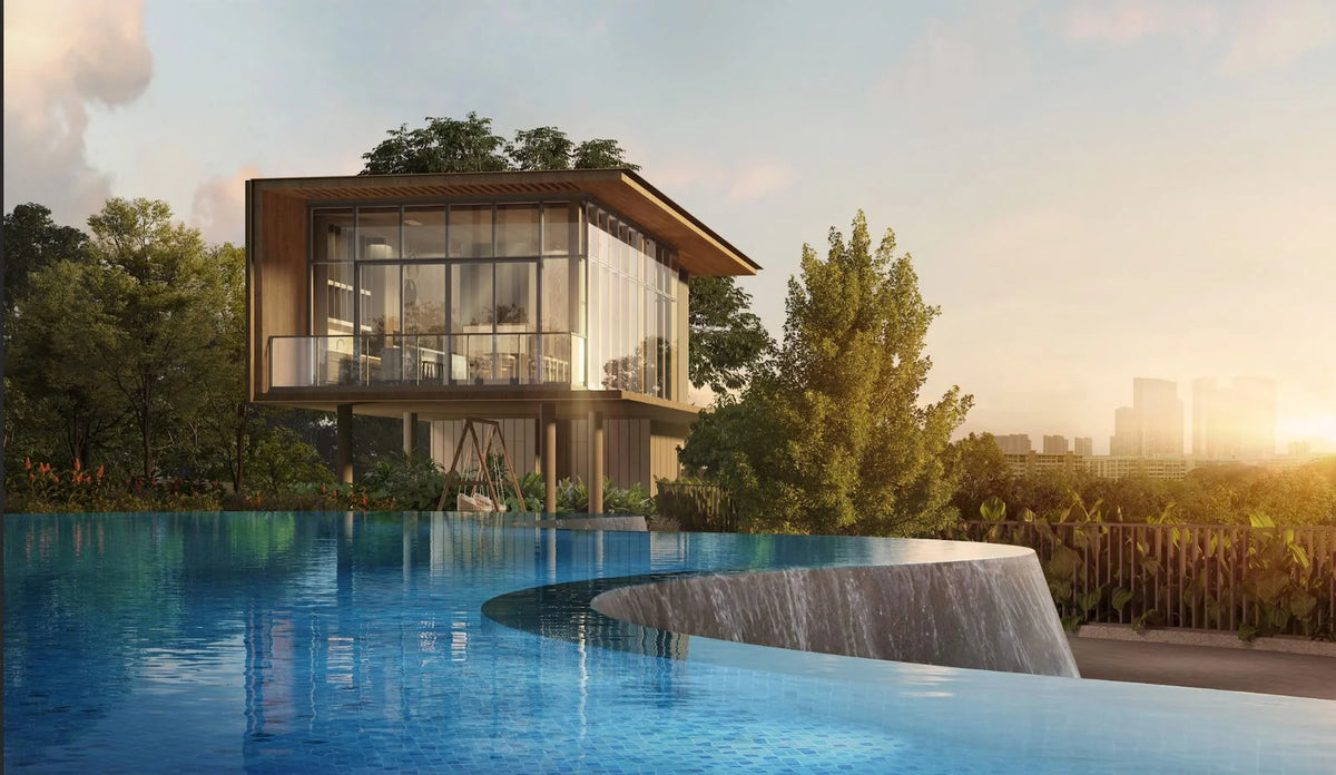 Nava Grove, a 552-unit 99-year leasehold new launch in District 21, Singapore — golden-hour render of the infinity pool and waterfall edge fronting a glass pavilion