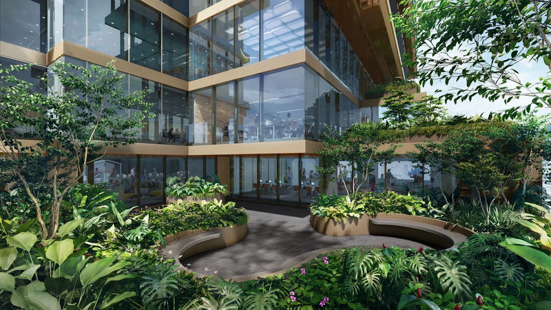 One Sophia, a 122-unit 99-year leasehold new launch in District 9, Singapore — render of a landscaped terrace with planters and greenery set against the building's glass facade