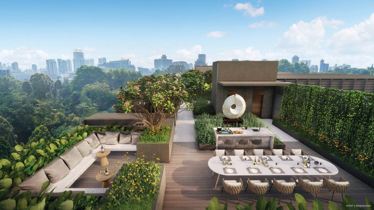 Orchard Sophia, a 78-unit freehold new launch in District 9, Singapore — daytime render of a rooftop garden lounge and dining deck with the city skyline behind.