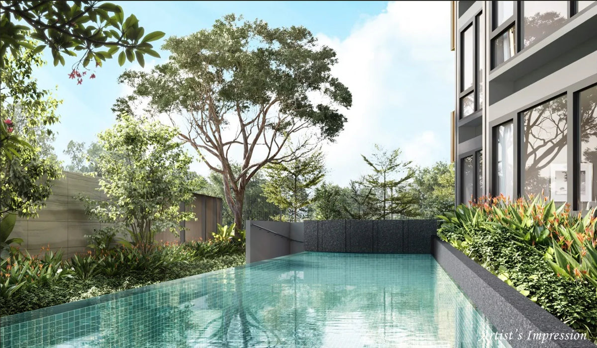 Sophia Meadow, a 41-unit new launch in District 9, Singapore — artist's impression of a landscaped pool deck with mature trees beside the building facade.
