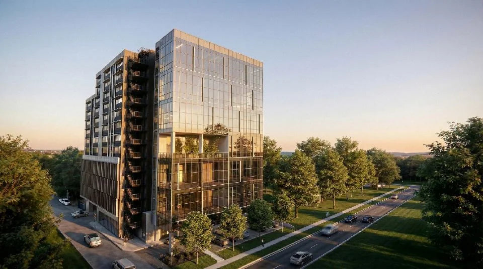 SPACE NOVA, a 47-unit freehold new launch in District 19, Singapore — golden-hour render of the glass-fronted tower with a dark timber-screened stair core, greenery-lined balconies, and mature trees along the street frontage.