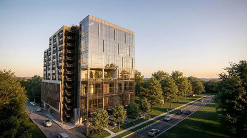 SPACE NOVA, a 47-unit freehold new launch in District 19, Singapore — golden-hour render of the glass-fronted tower with a dark timber-screened stair core, greenery-lined balconies, and mature trees along the street frontage.