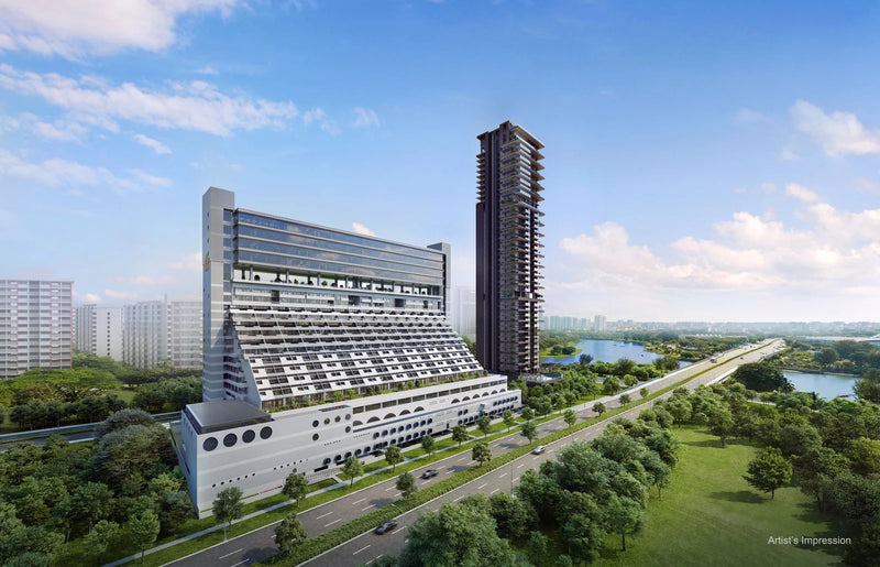 The Golden Mile, a 99-year leasehold new launch in District 7, Singapore — aerial daytime render of the restored conserved building beside the new residential tower, with the waterway and expressway beyond.