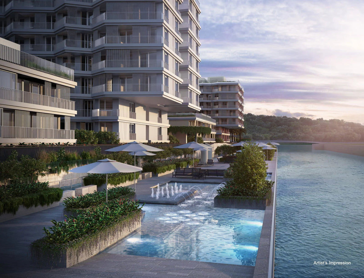 The Reef at King's Dock, a 429-unit 99-year leasehold new launch in District 4, Singapore — sunset render of the towers with a waterfront pool deck and lounge terraces.