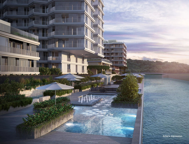 The Reef at King's Dock, a 429-unit 99-year leasehold new launch in District 4, Singapore — sunset render of the towers with a waterfront pool deck and lounge terraces.