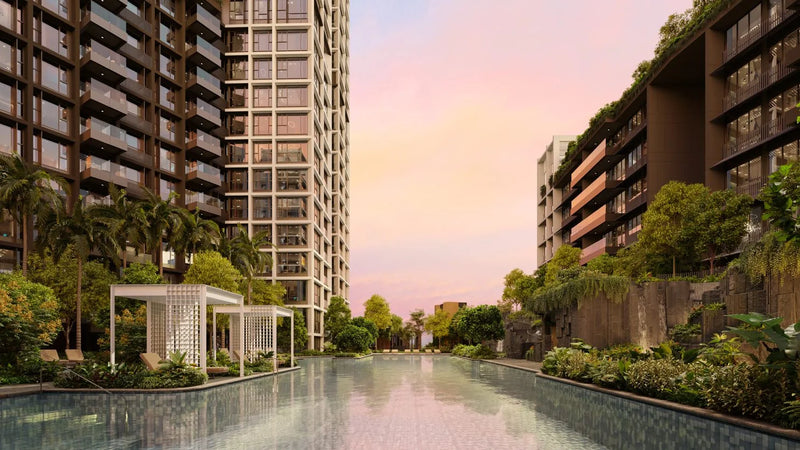 The Reserve Residences, a 732-unit 99-year leasehold new launch in District 21, Singapore — sunset render of the landscaped pool courtyard flanked by the towers and a pergola pavilion.